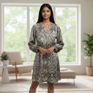 Women's INC Dress, L, Brown and Beige Satin long sleeve snakeskin animal print
